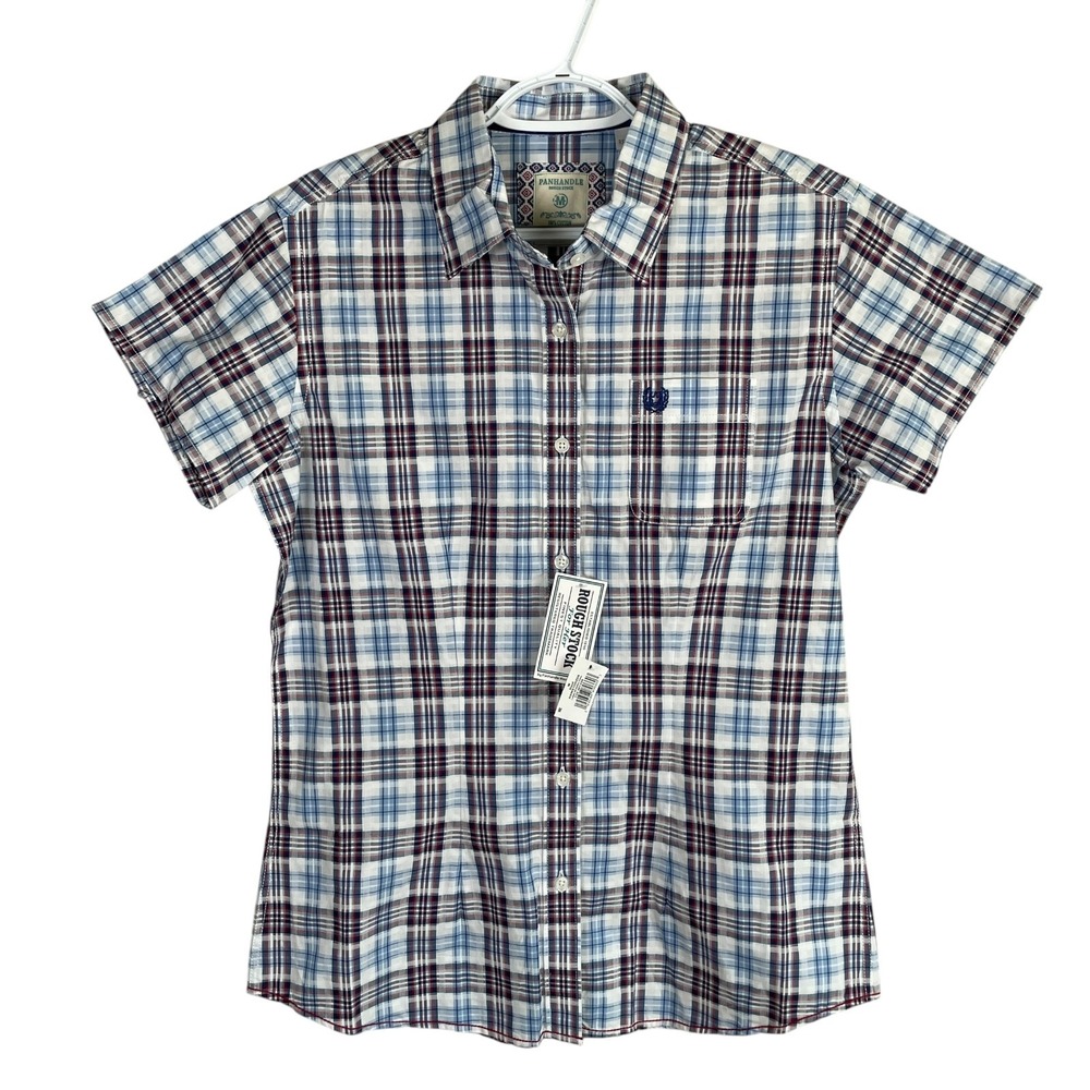 Panhandle Slim Rough‎ Stock Western Shirt Womens M Royal Blue Plaid S/S Cotton